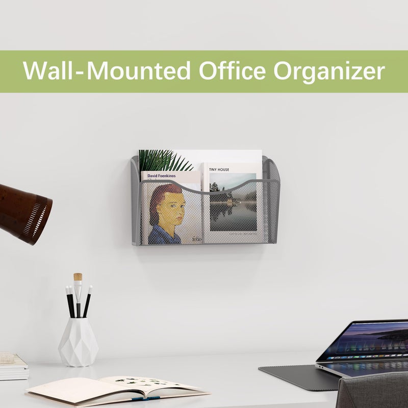 EasyPAG Single Pocket Wall File Organizer, Mesh Hanging File Folder Organizer for Letter/A4 Size Folders, Wall Mounted Vertical Mail Holder for Paperwork, Office, Home, School, Silver - Image 3